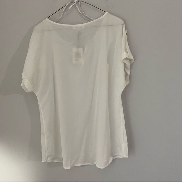 Calvin Klein Women’s Crew Neck Keyhole Opening Short Sleeve White Sheer Blouse - Picture 4 of 4